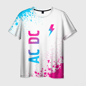Мужская футболка 3D с принтом AC DC neon gradient style: символ и надпись вертикально в Екатеринбурге, 100% полиэфир | прямой крой, круглый вырез горловины, длина до линии бедер | 
