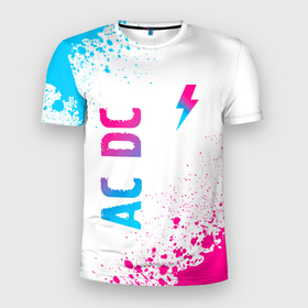 Мужская футболка 3D Slim с принтом AC DC neon gradient style: символ и надпись вертикально в Екатеринбурге, 100% полиэстер с улучшенными характеристиками | приталенный силуэт, круглая горловина, широкие плечи, сужается к линии бедра | 