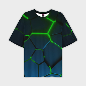 Мужская футболка oversize 3D с принтом Разлом зеленых неоновых плит   геометрия в Кировске,  |  | 