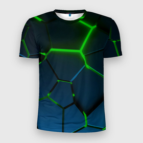 Мужская футболка 3D Slim с принтом Разлом зеленых неоновых плит   геометрия , 100% полиэстер с улучшенными характеристиками | приталенный силуэт, круглая горловина, широкие плечи, сужается к линии бедра | 