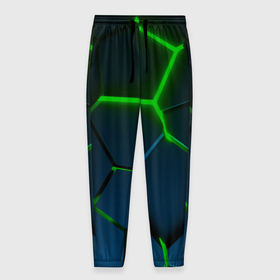 Мужские брюки 3D с принтом Разлом зеленых неоновых плит   геометрия в Санкт-Петербурге, 100% полиэстер | манжеты по низу, эластичный пояс регулируется шнурком, по бокам два кармана без застежек, внутренняя часть кармана из мелкой сетки | 