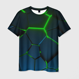 Мужская футболка 3D с принтом Разлом зеленых неоновых плит   геометрия в Тюмени, 100% полиэфир | прямой крой, круглый вырез горловины, длина до линии бедер | 