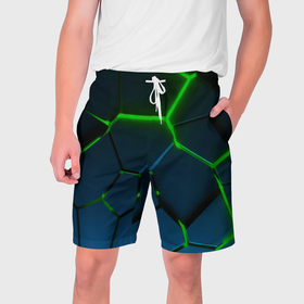 Мужские шорты 3D с принтом Разлом зеленых неоновых плит   геометрия в Екатеринбурге,  полиэстер 100% | прямой крой, два кармана без застежек по бокам. Мягкая трикотажная резинка на поясе, внутри которой широкие завязки. Длина чуть выше колен | 