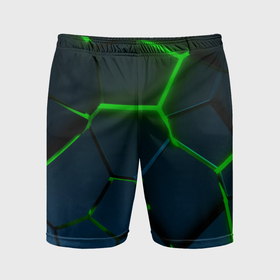 Мужские шорты спортивные с принтом Разлом зеленых неоновых плит   геометрия в Кировске,  |  | 