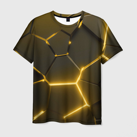 Мужская футболка 3D с принтом Золотые неоновые геометрические плиты в Новосибирске, 100% полиэфир | прямой крой, круглый вырез горловины, длина до линии бедер | 