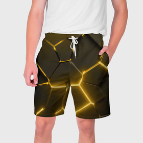 Мужские шорты 3D с принтом Золотые неоновые геометрические плиты в Екатеринбурге,  полиэстер 100% | прямой крой, два кармана без застежек по бокам. Мягкая трикотажная резинка на поясе, внутри которой широкие завязки. Длина чуть выше колен | 
