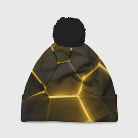 Шапка 3D c помпоном с принтом Золотые неоновые геометрические плиты в Тюмени, 100% полиэстер | универсальный размер, печать по всей поверхности изделия | 