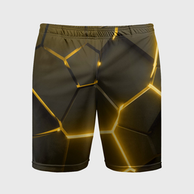 Мужские шорты спортивные с принтом Золотые неоновые геометрические плиты в Кировске,  |  | Тематика изображения на принте: 