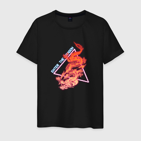 Мужская футболка хлопок с принтом Retrowave Японский Дракон в Белгороде, 100% хлопок | прямой крой, круглый вырез горловины, длина до линии бедер, слегка спущенное плечо. | Тематика изображения на принте: 
