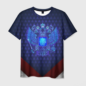Мужская футболка 3D с принтом синий неоновый  герб России в Екатеринбурге, 100% полиэфир | прямой крой, круглый вырез горловины, длина до линии бедер | Тематика изображения на принте: 
