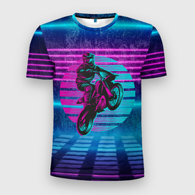 Мужская футболка 3D Slim с принтом Мотоциклист в неоновом цвете в Санкт-Петербурге, 100% полиэстер с улучшенными характеристиками | приталенный силуэт, круглая горловина, широкие плечи, сужается к линии бедра | 