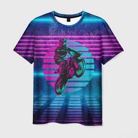 Мужская футболка 3D с принтом Мотоциклист  в неоновом цвете в Курске, 100% полиэфир | прямой крой, круглый вырез горловины, длина до линии бедер | 