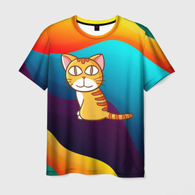 Мужская футболка 3D с принтом Удивленный рыжий котик , 100% полиэфир | прямой крой, круглый вырез горловины, длина до линии бедер | 