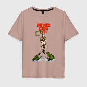 Мужская футболка хлопок Oversize с принтом Не сдавайся никогда   Тарзан и крокодилы комикс в Новосибирске, 100% хлопок | свободный крой, круглый ворот, “спинка” длиннее передней части | 