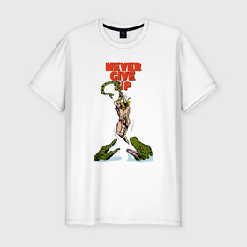 Мужская футболка хлопок Slim с принтом Не сдавайся никогда   Тарзан и крокодилы комикс в Санкт-Петербурге, 92% хлопок, 8% лайкра | приталенный силуэт, круглый вырез ворота, длина до линии бедра, короткий рукав | 