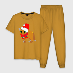 Мужская пижама хлопок с принтом Оранжевый котик в праздничных шапке и шарфике в Петрозаводске, 100% хлопок | брюки и футболка прямого кроя, без карманов, на брюках мягкая резинка на поясе и по низу штанин
 | 