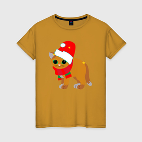 Женская футболка хлопок с принтом Оранжевый котик в праздничных шапке и шарфике , 100% хлопок | прямой крой, круглый вырез горловины, длина до линии бедер, слегка спущенное плечо | 