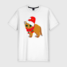 Мужская футболка хлопок Slim с принтом Оранжевый котик в праздничных шапке и шарфике в Кировске, 92% хлопок, 8% лайкра | приталенный силуэт, круглый вырез ворота, длина до линии бедра, короткий рукав | 
