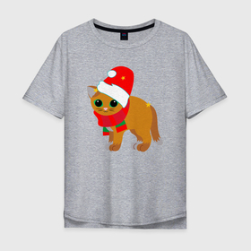 Мужская футболка хлопок Oversize с принтом Оранжевый котик в праздничных шапке и шарфике в Кировске, 100% хлопок | свободный крой, круглый ворот, “спинка” длиннее передней части | 