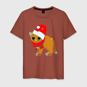 Мужская футболка хлопок с принтом Оранжевый котик в праздничных шапке и шарфике в Белгороде, 100% хлопок | прямой крой, круглый вырез горловины, длина до линии бедер, слегка спущенное плечо. | 