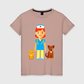 Женская футболка хлопок с принтом Ветеринар заботится о животных   пёсик и котик в Новосибирске, 100% хлопок | прямой крой, круглый вырез горловины, длина до линии бедер, слегка спущенное плечо | 