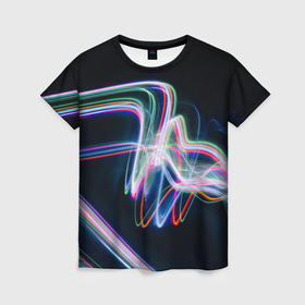 Женская футболка 3D с принтом Абстрактные световые линии во тьме в Белгороде, 100% полиэфир ( синтетическое хлопкоподобное полотно) | прямой крой, круглый вырез горловины, длина до линии бедер | 