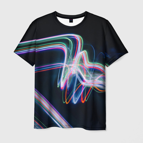 Мужская футболка 3D с принтом Абстрактные световые линии во тьме в Белгороде, 100% полиэфир | прямой крой, круглый вырез горловины, длина до линии бедер | 