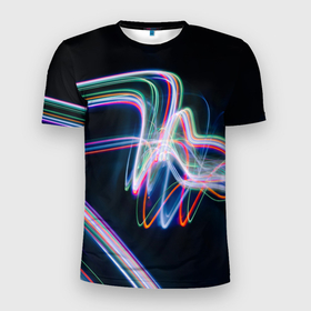 Мужская футболка 3D Slim с принтом Абстрактные световые линии во тьме в Екатеринбурге, 100% полиэстер с улучшенными характеристиками | приталенный силуэт, круглая горловина, широкие плечи, сужается к линии бедра | 