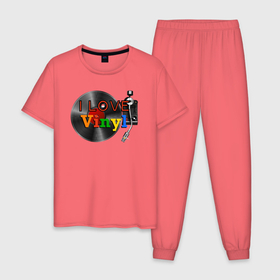 Мужская пижама хлопок с принтом I love vinyl в Петрозаводске, 100% хлопок | брюки и футболка прямого кроя, без карманов, на брюках мягкая резинка на поясе и по низу штанин
 | Тематика изображения на принте: 