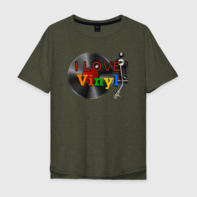 Мужская футболка хлопок Oversize с принтом I love vinyl в Петрозаводске, 100% хлопок | свободный крой, круглый ворот, “спинка” длиннее передней части | Тематика изображения на принте: 