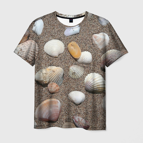 Мужская футболка 3D с принтом Композиция из ракушек на песке , 100% полиэфир | прямой крой, круглый вырез горловины, длина до линии бедер | 