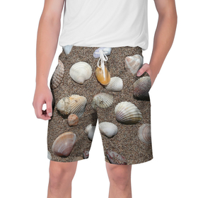 Мужские шорты 3D с принтом Композиция из ракушек на песке ,  полиэстер 100% | прямой крой, два кармана без застежек по бокам. Мягкая трикотажная резинка на поясе, внутри которой широкие завязки. Длина чуть выше колен | 