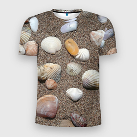 Мужская футболка 3D Slim с принтом Композиция из ракушек на песке , 100% полиэстер с улучшенными характеристиками | приталенный силуэт, круглая горловина, широкие плечи, сужается к линии бедра | 