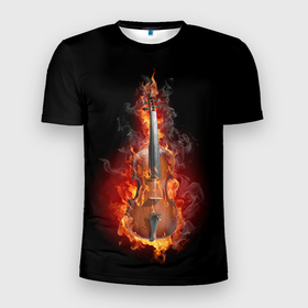 Мужская футболка 3D Slim с принтом Скрипка в огне в Новосибирске, 100% полиэстер с улучшенными характеристиками | приталенный силуэт, круглая горловина, широкие плечи, сужается к линии бедра | 