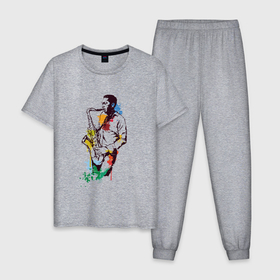 Мужская пижама хлопок с принтом Саксофонист арт в Новосибирске, 100% хлопок | брюки и футболка прямого кроя, без карманов, на брюках мягкая резинка на поясе и по низу штанин
 | 