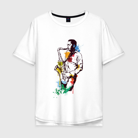 Мужская футболка хлопок Oversize с принтом Саксофонист арт в Петрозаводске, 100% хлопок | свободный крой, круглый ворот, “спинка” длиннее передней части | 