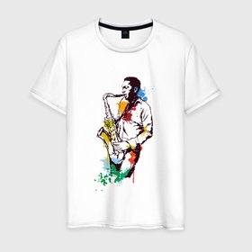 Мужская футболка хлопок с принтом Саксофонист арт в Тюмени, 100% хлопок | прямой крой, круглый вырез горловины, длина до линии бедер, слегка спущенное плечо. | 