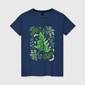 Женская футболка хлопок с принтом Композиция из листьев , 100% хлопок | прямой крой, круглый вырез горловины, длина до линии бедер, слегка спущенное плечо | 