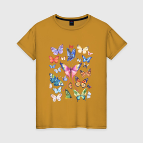 Женская футболка хлопок с принтом Волшебные бабочки акварелью в Кировске, 100% хлопок | прямой крой, круглый вырез горловины, длина до линии бедер, слегка спущенное плечо | 