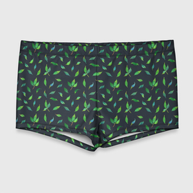 Мужские купальные плавки 3D с принтом Зеленые листья и веточки на темном фоне , Полиэстер 85%, Спандекс 15% |  | Тематика изображения на принте: 