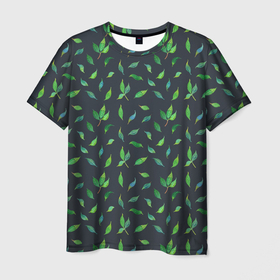 Мужская футболка 3D с принтом Зеленые листья и веточки на темном фоне , 100% полиэфир | прямой крой, круглый вырез горловины, длина до линии бедер | Тематика изображения на принте: 