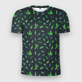 Мужская футболка 3D Slim с принтом Зеленые листья и веточки на темном фоне в Тюмени, 100% полиэстер с улучшенными характеристиками | приталенный силуэт, круглая горловина, широкие плечи, сужается к линии бедра | 
