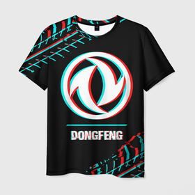 Мужская футболка 3D с принтом Значок Dongfeng в стиле glitch на темном фоне в Кировске, 100% полиэфир | прямой крой, круглый вырез горловины, длина до линии бедер | 