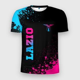 Мужская футболка 3D Slim с принтом Lazio   neon gradient: символ и надпись вертикально в городе Новоалтайск, 100% полиэстер с улучшенными характеристиками | приталенный силуэт, круглая горловина, широкие плечи, сужается к линии бедра | 