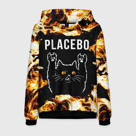 Мужская толстовка 3D с принтом Placebo рок кот и огонь в Екатеринбурге, 100% полиэстер | двухслойный капюшон со шнурком для регулировки, мягкие манжеты на рукавах и по низу толстовки, спереди карман-кенгуру с мягким внутренним слоем. | 
