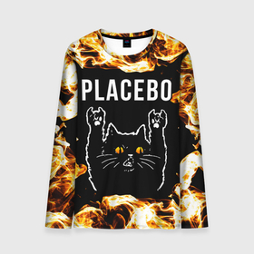 Мужской лонгслив 3D с принтом Placebo рок кот и огонь в Екатеринбурге, 100% полиэстер | длинные рукава, круглый вырез горловины, полуприлегающий силуэт | Тематика изображения на принте: 