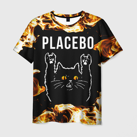 Мужская футболка 3D с принтом Placebo рок кот и огонь в Екатеринбурге, 100% полиэфир | прямой крой, круглый вырез горловины, длина до линии бедер | Тематика изображения на принте: 