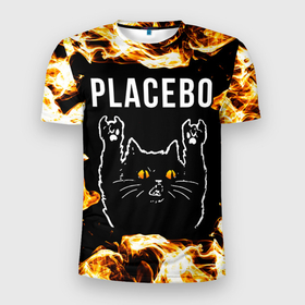 Мужская футболка 3D Slim с принтом Placebo рок кот и огонь в Новосибирске, 100% полиэстер с улучшенными характеристиками | приталенный силуэт, круглая горловина, широкие плечи, сужается к линии бедра | 