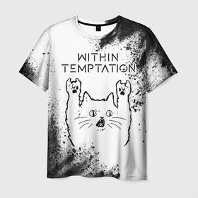 Мужская футболка 3D с принтом Within Temptation рок кот на светлом фоне в Курске, 100% полиэфир | прямой крой, круглый вырез горловины, длина до линии бедер | Тематика изображения на принте: 