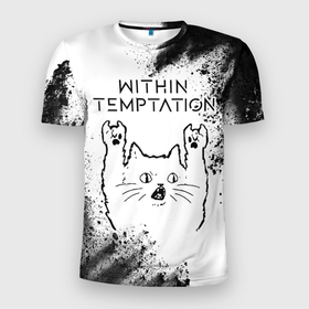 Мужская футболка 3D Slim с принтом Within Temptation рок кот на светлом фоне в Курске, 100% полиэстер с улучшенными характеристиками | приталенный силуэт, круглая горловина, широкие плечи, сужается к линии бедра | 